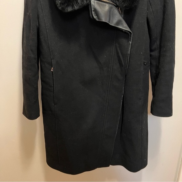 Vince Genuine Rabbit Fur Collar Lamb Leather Asymmetrical Wool Black Coat XS - Picture 4 of 16